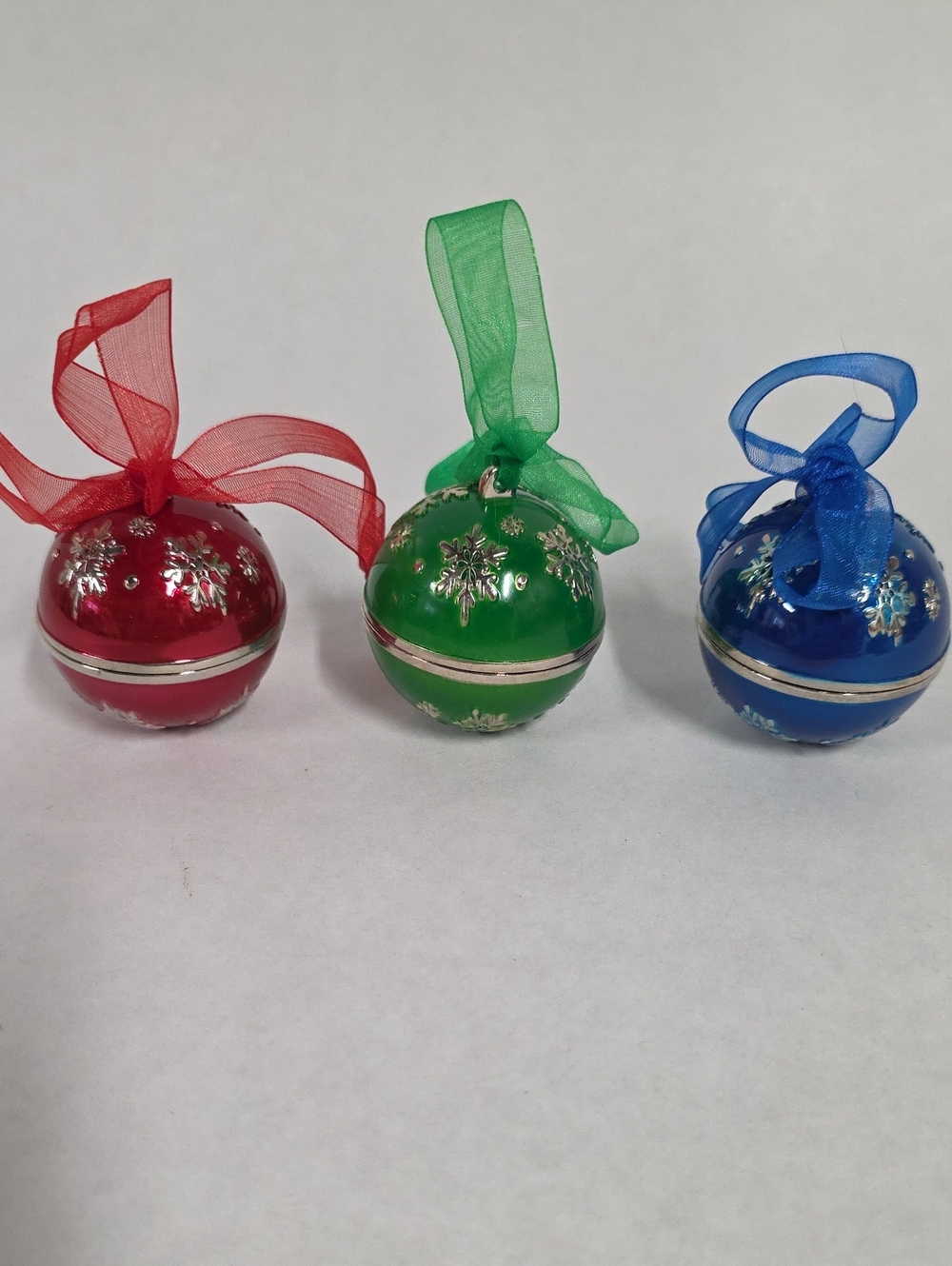 Set of (3) Hinged Ornament Boxes Keepsake Trinket Holders Red, Green, & Blue